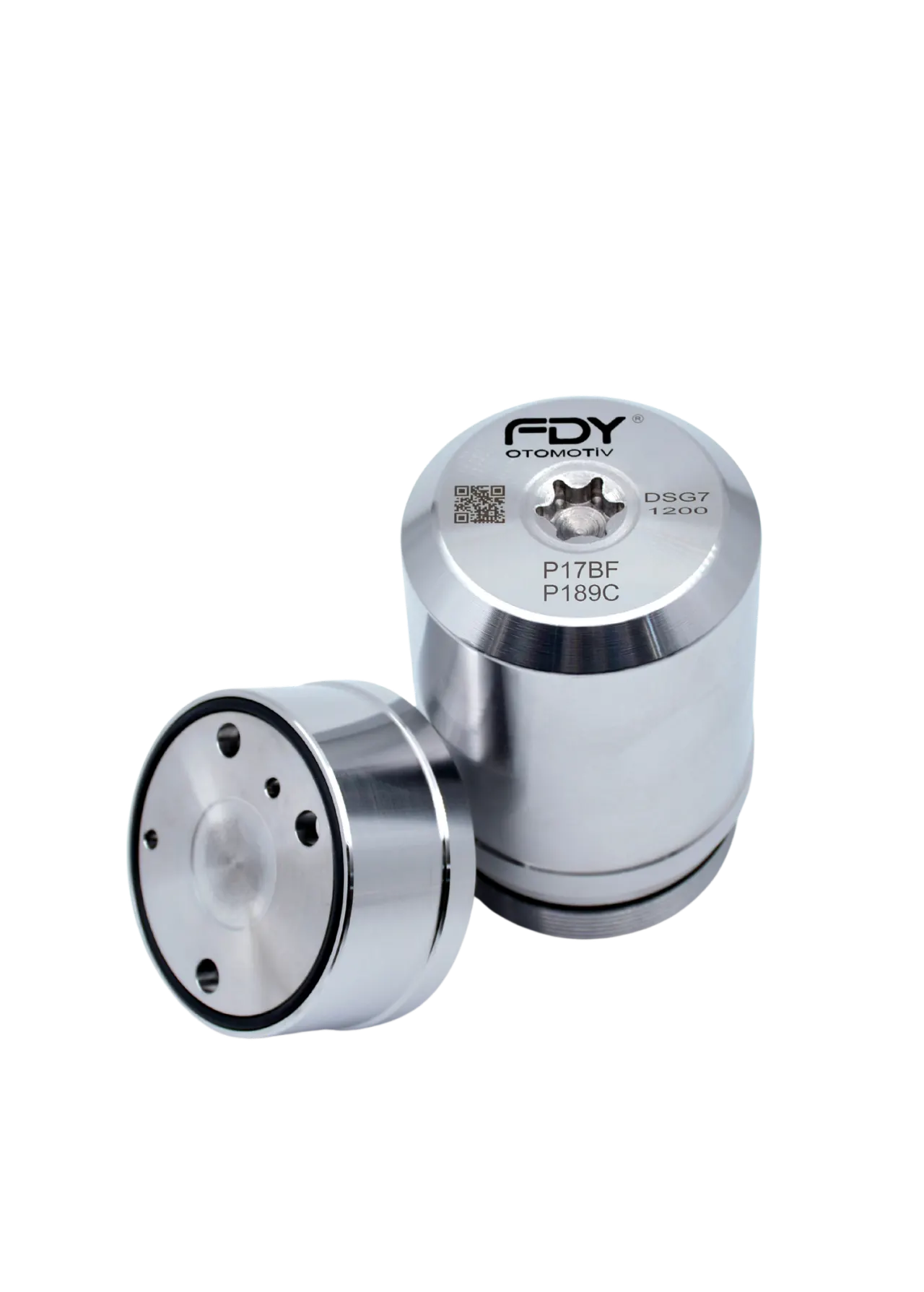 Verstärkter FDY Druckspeicher für das DSG 7 neben seinem Aufnahmebecher mit vormontiertem O-Ring, Kappe mit der Aufschrift P17BF und P189C
