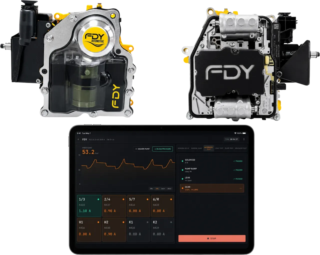 FDY Mechatronik-Prüfsystem: zwei DQ200-Mechatronikeinheiten und die FDY-Test-App mit Systemdruck, Magnetventilströmen und Testergebnissen