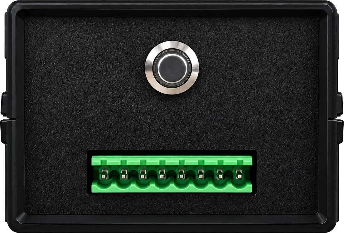 FDY Black Box, Anschlussseite mit Edelstahl-Taster und grünem 8-poligem Stecker